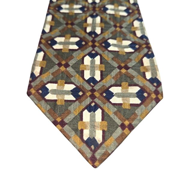 Structure Silk Tie Geometric Diamond Cross Pattern Gray Blue Brown 3 3/4”x60” - Picture 1 of 3